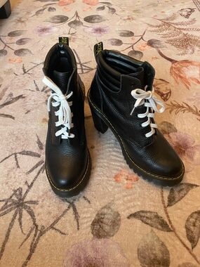Dr. Martin Black Leather Lace-Up Combat Boots with White Laces
